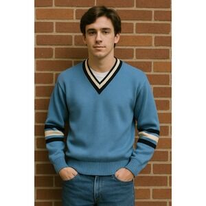 Vintage Whiting Los Angeles Blue Wool V Neck Sweater Striped Sleeves Men M